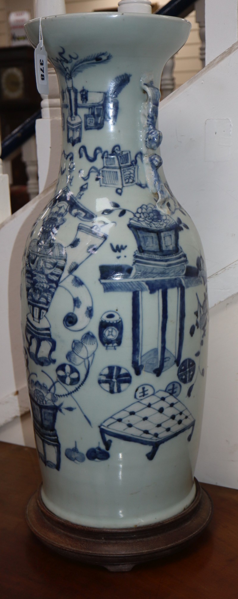 A Chinese blue and white vase and stand (drilled for electricity), glued to stand, overall height 63cm